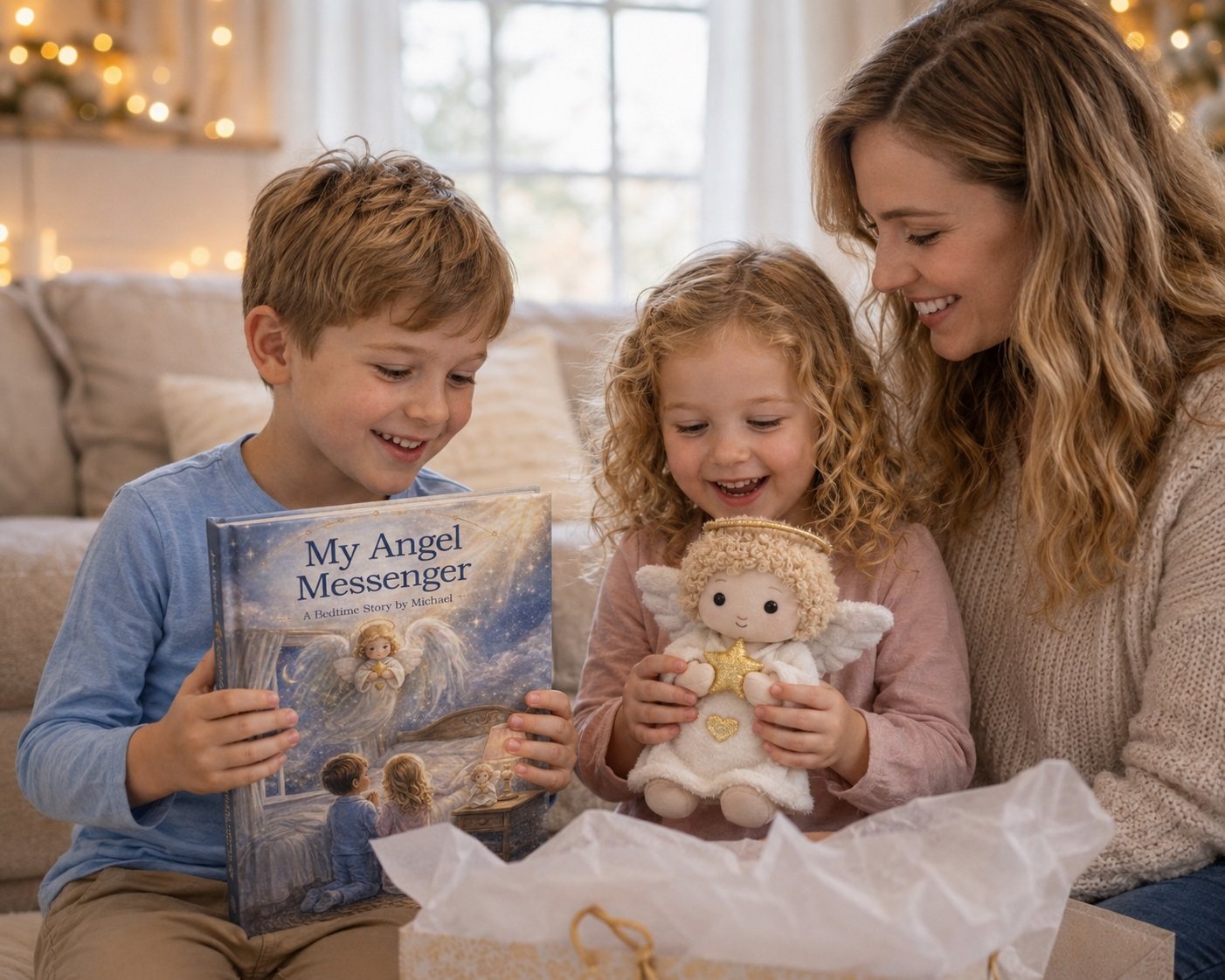 Family sharing a My Angel Messenger story and keepsake angel