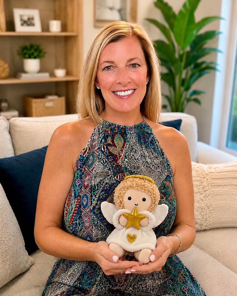 Veronica holding the My Angel Messenger plush angel